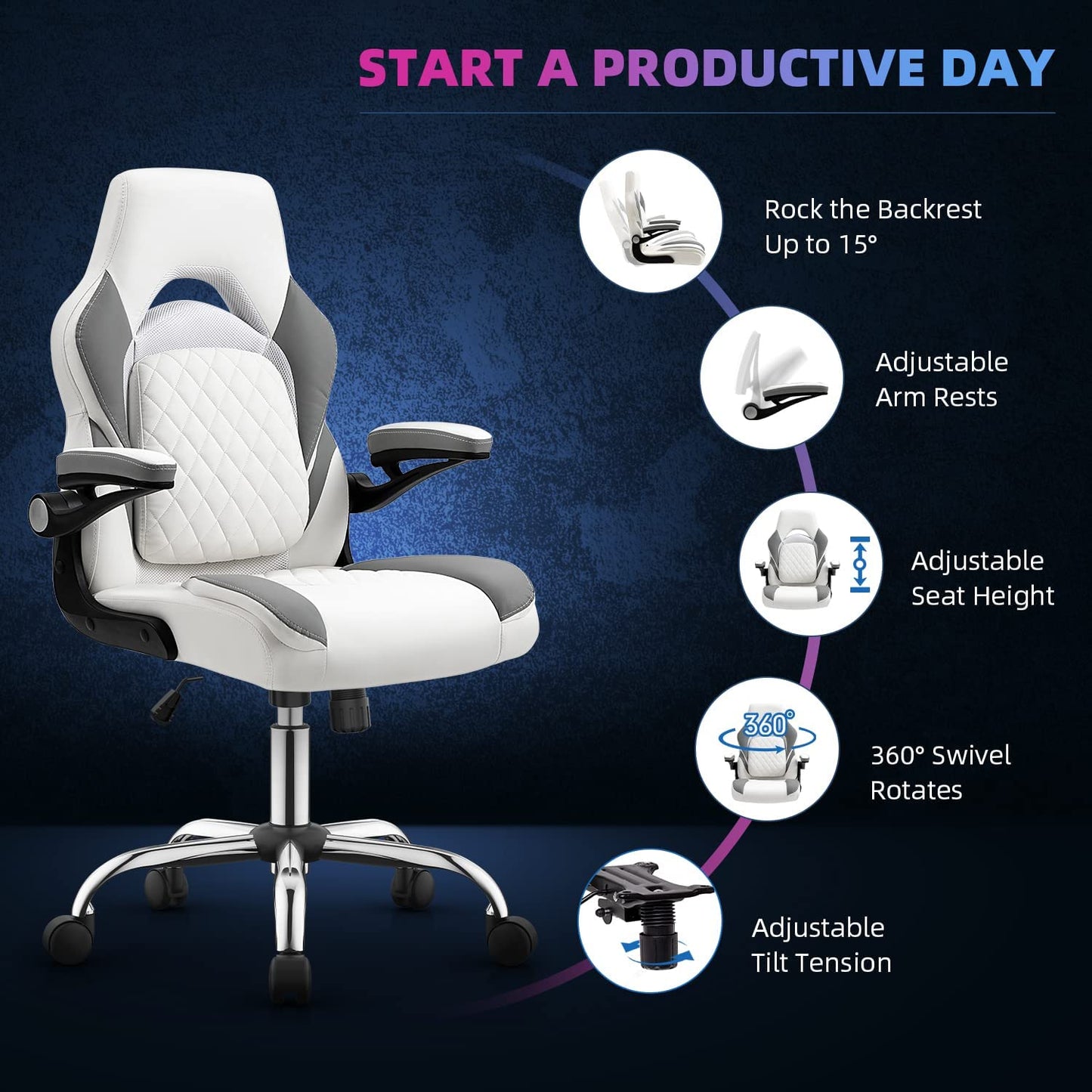 Gaming Chair Ergonomic Office Chair PC Desk Chair with Lumbar Support Flip up Arms Racing Style PU Leather Executive Computer Chair for Adults,Grey